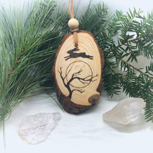 Rabbit O'er Moon Pyrography Ornament